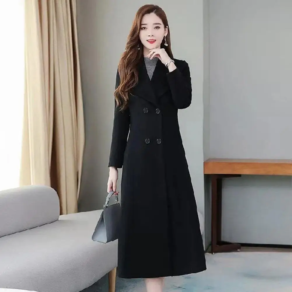 Elegant British Style Women Woolen Coat, Double Breasted Waist Tight, Suit Collar Long Cardigan, Mid Calf Length