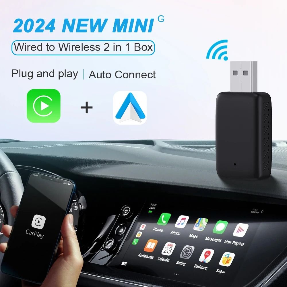Wired to Wireless CarPlay and Android Auto 2-in-1 Mini Adapter Dongle Universal Bluetooth WiFi Plug and Play