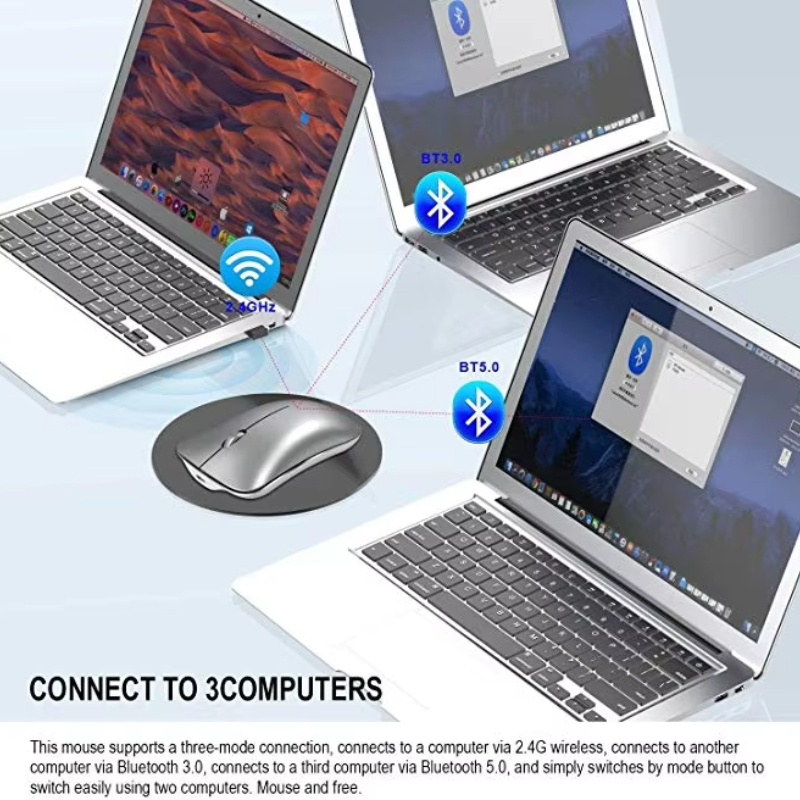 Ultra Thin Aluminum Gaming Wireless Mouse, Bluetooth, Three Mode Mute Mouse, Silent Rechargeable Laptop Mouse