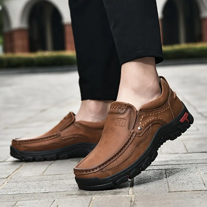 Casual Handmade Leather Men Shoes, Outdoor Slip On Moccasins Flats Walking Shoes Non-Slip