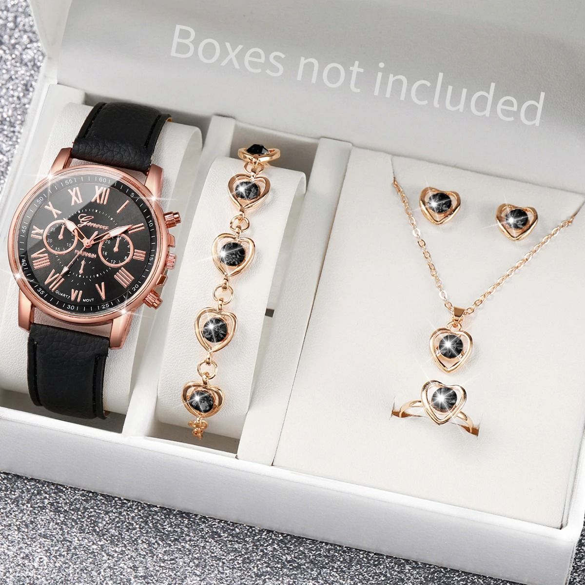 Women Luxury Watch and Jewelry Set Roma Dial Leather Band Quartz