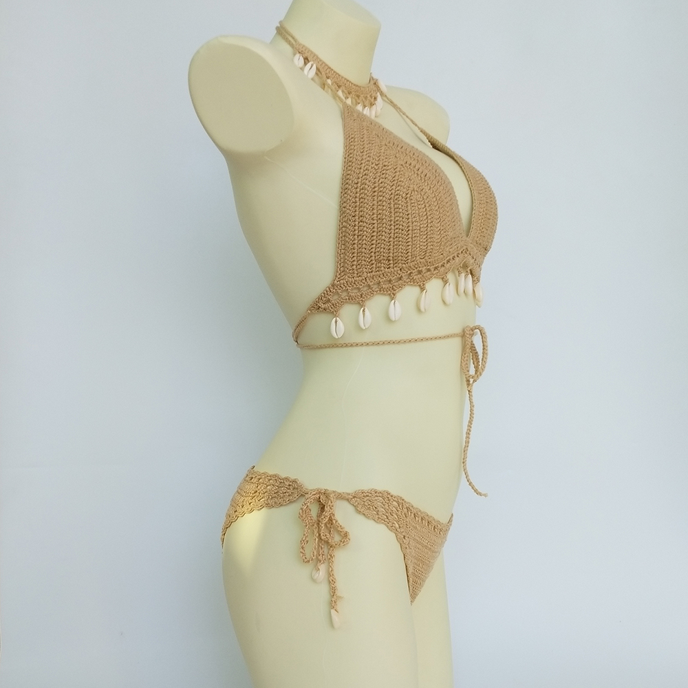 Sexy Bikini Set Woman Crochet Shell Tassel Bikini Top, Seashell Ankle Chain, Low Waist Hollow-out Thong Bottom