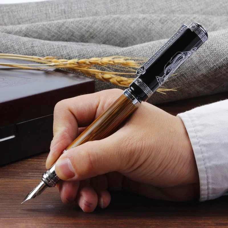 Duke Classic Confucius Natural, Bamboo Calligraphy Fountain Pen, Metal Embossed Pattern Bent Nib Iridium 1.2mm