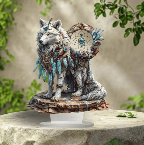Majestic White Wolf Dream Catcher Acrylic Desk Decor Boho Chic Tabletop Sign