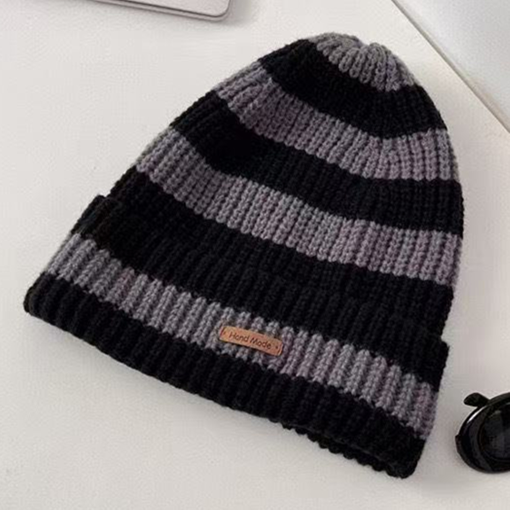Fashion Stripe Stitching Beanie Hat Soft, Hot Sale Women Slouchy Winter Hat, Knit Hats Female Streetwear Cap Cozy Fit