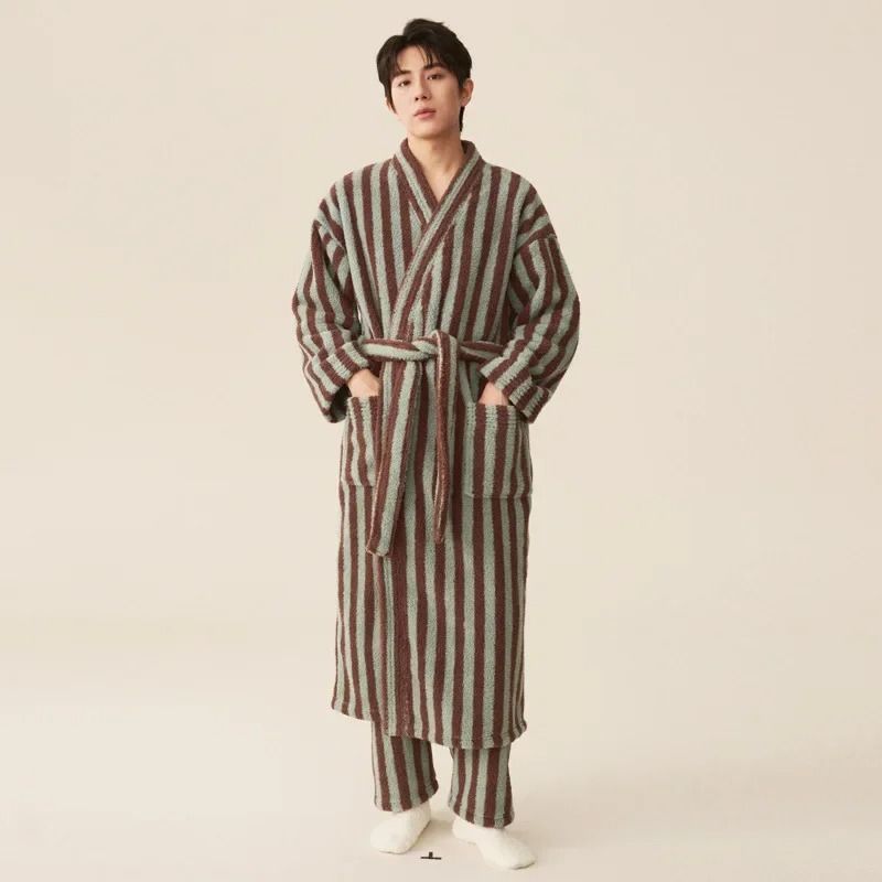 Thickened Flannel Robe & Pants Pajamas Set – Professional Autumn/Winter Striped Couples Home Clothes