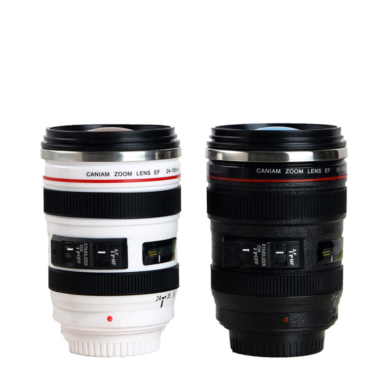 White and Black Camera Lens Mug - Stainless Steel EF24-105mm: Unique Coffee Cup Gift