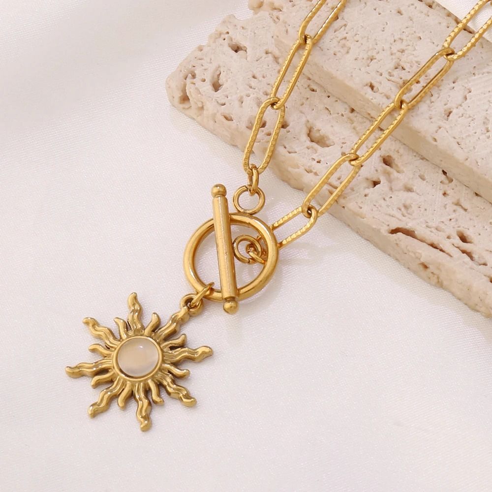 Sun Pendant Necklace Gold Turquoise Charm Stainless Steel Clavicle Chain