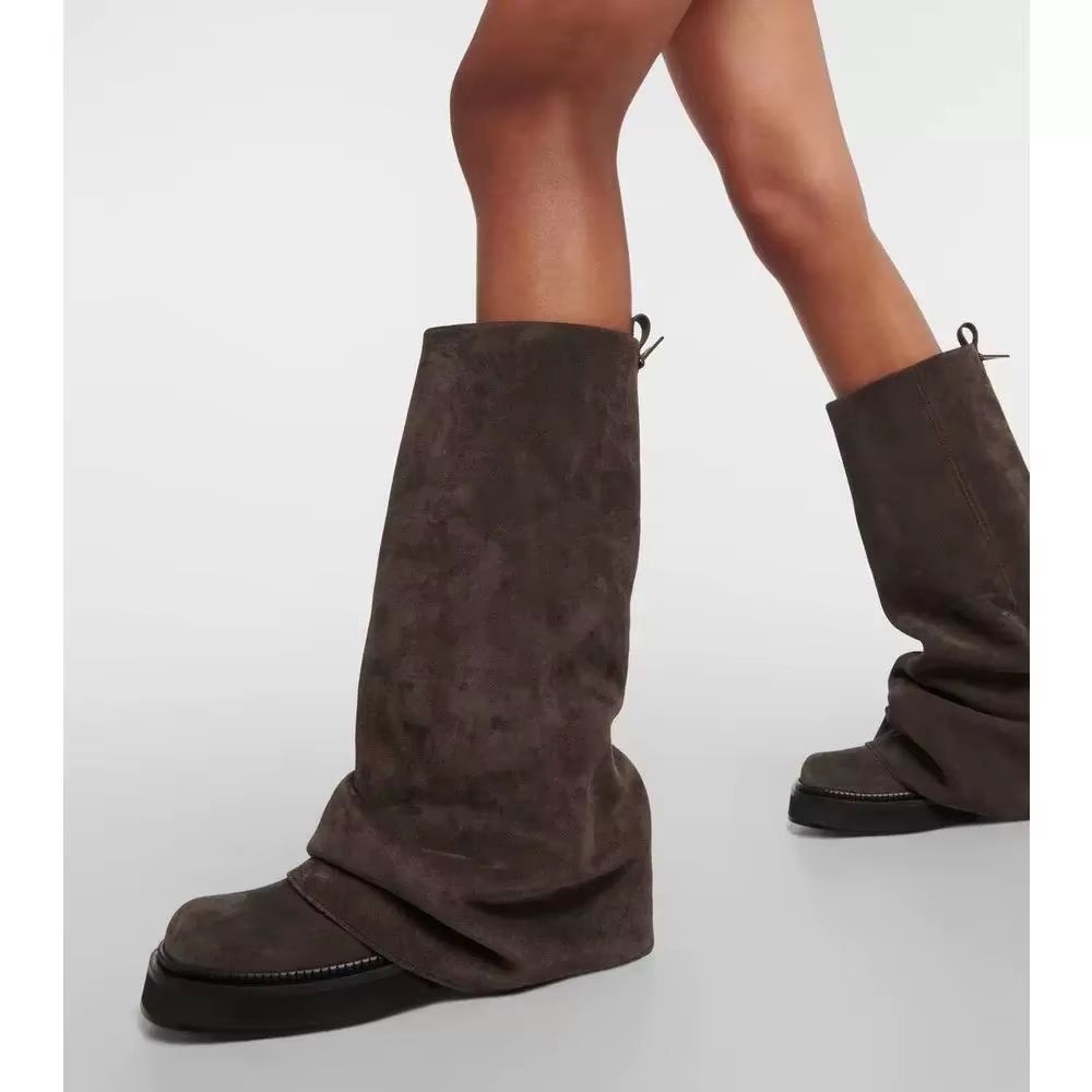 Women's Autumn Winter Calf Boots – Pleated Leather Mid-Leg Design with Thick High Heels