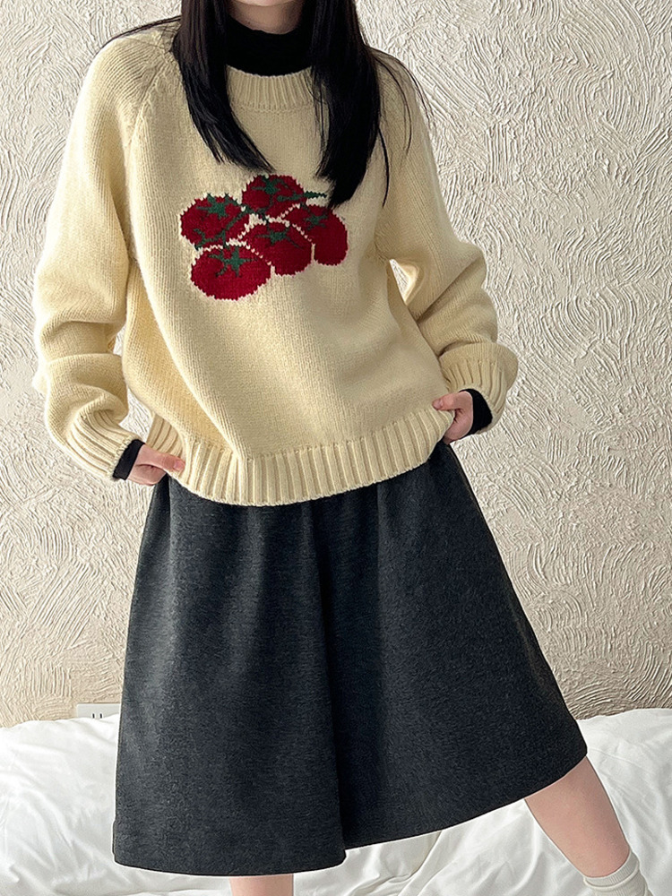 Autumn New Soft Pullover, Tomato Pattern Knitted Sweater, Loose Round Neck