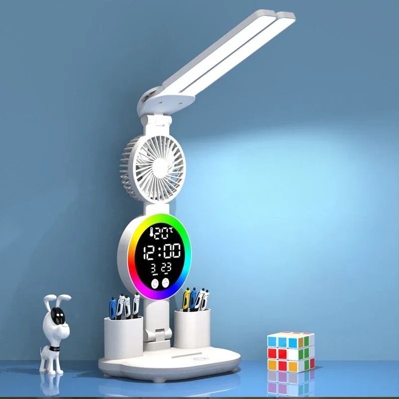 Rechargeable LED Table Lamp with Fan Clock Display Reading Desk Light Night Light