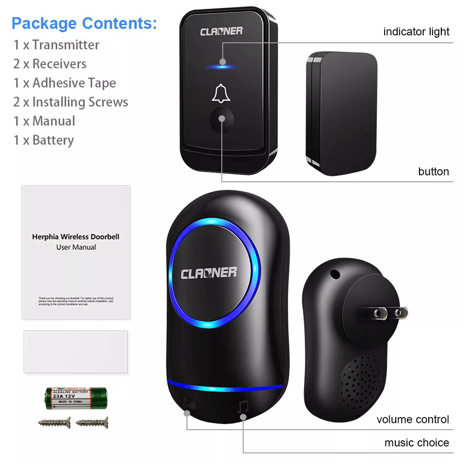 Wireless Doorbell Plug & Play Waterproof Door Bell Kit, 45 Chimes, LED Flash, 4 Volume Levels