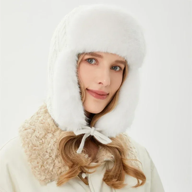 Womens Russian Caps Fur Winter Thickened Warm Knit Ushanka Earflap Pilot Hat Ski Snow Bomber Hat