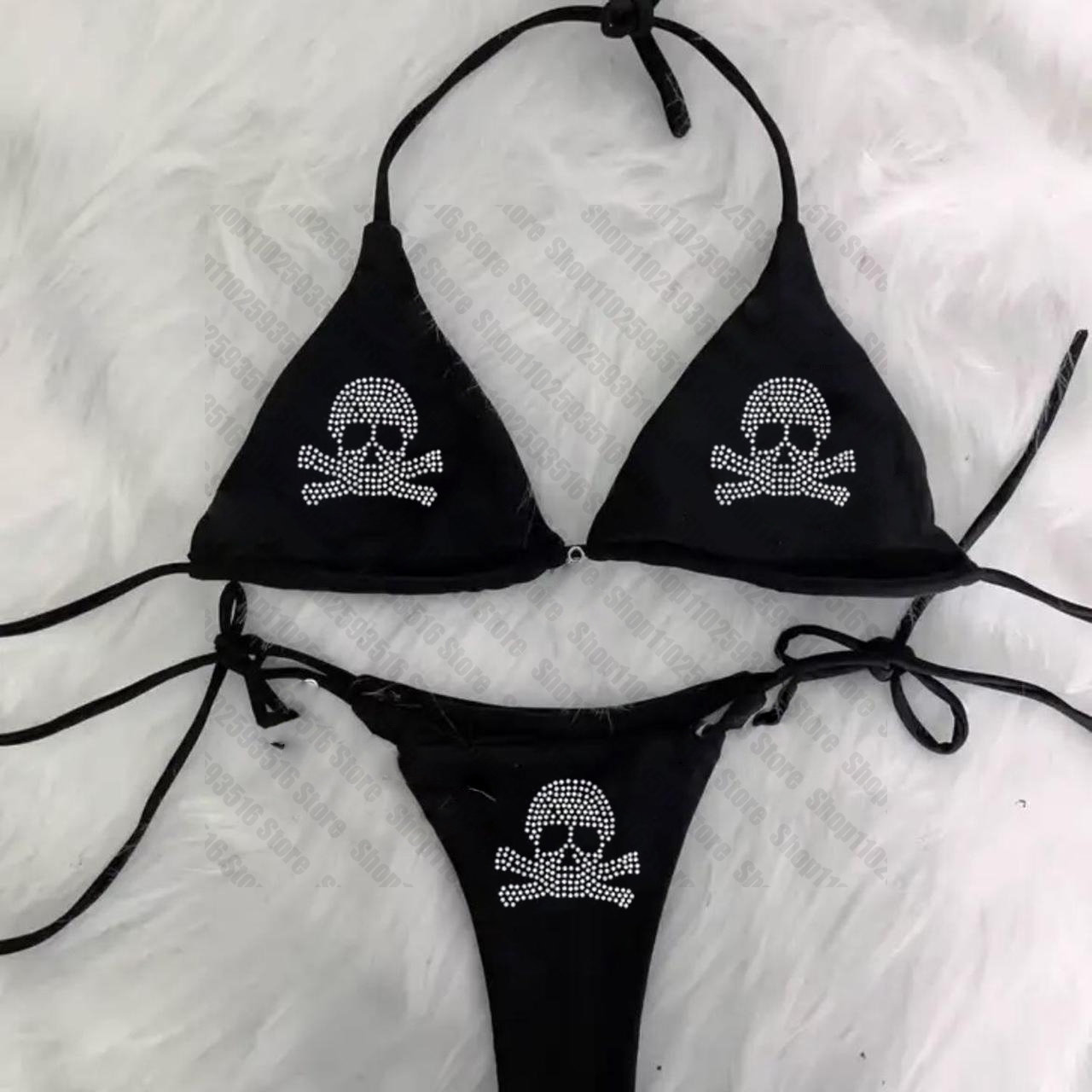 Rhinestones Skull Bikini Set Emo Swimsuit Sexy Print Padded Bra Two Pieces Swimwear Beachwear Bathing Suit for Women