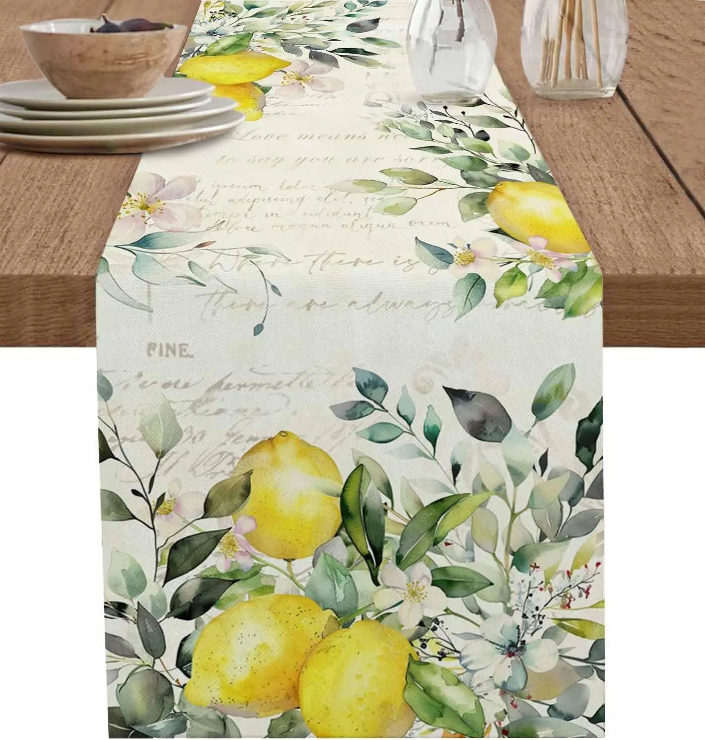 Eucalyptus Lemon Linen Table Runner for Dining Table – Floral Farmhouse Seasonal Kitchen Decor