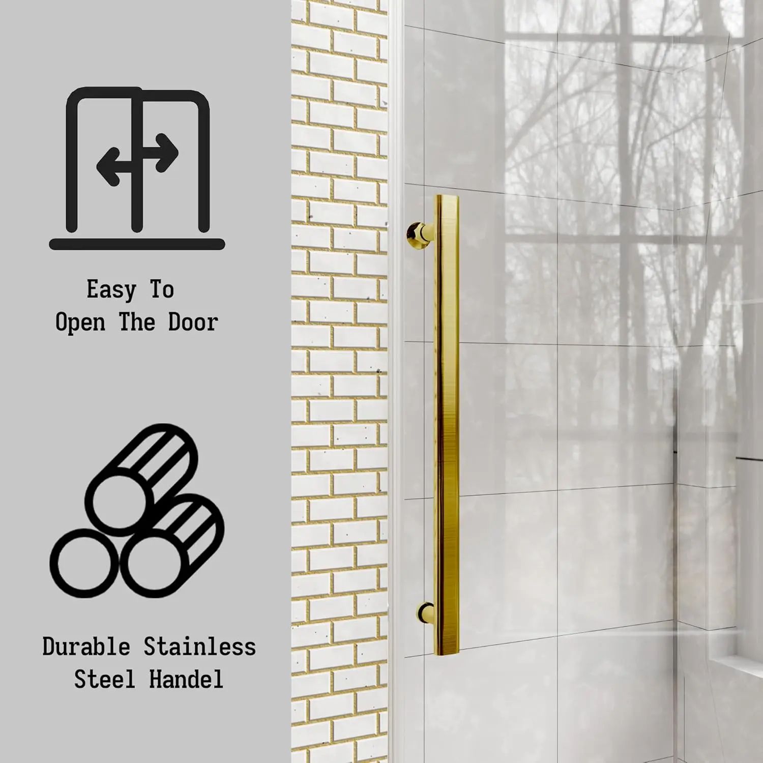 Frameless Slidable Shower Door, Clear Tempered Glass, Gold Stainless Steel Handle, Waterproof Sliding Enclosure