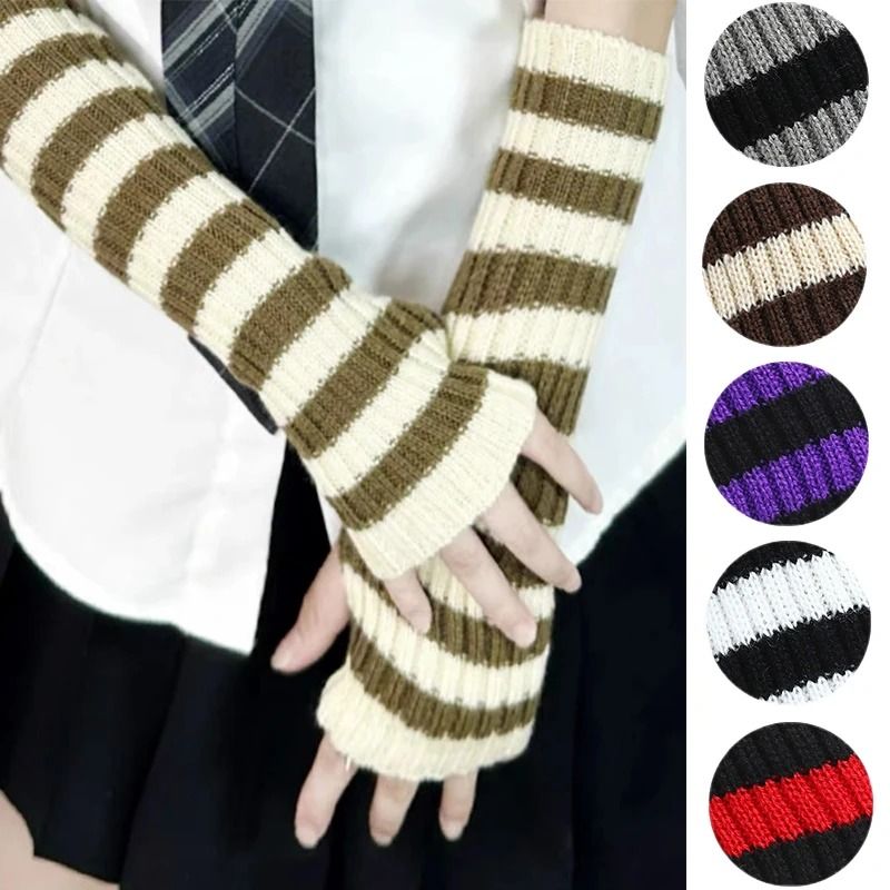 Gothic Striped Fingerless Arm Warmers - Harajuku Y2K Knit Sleeves