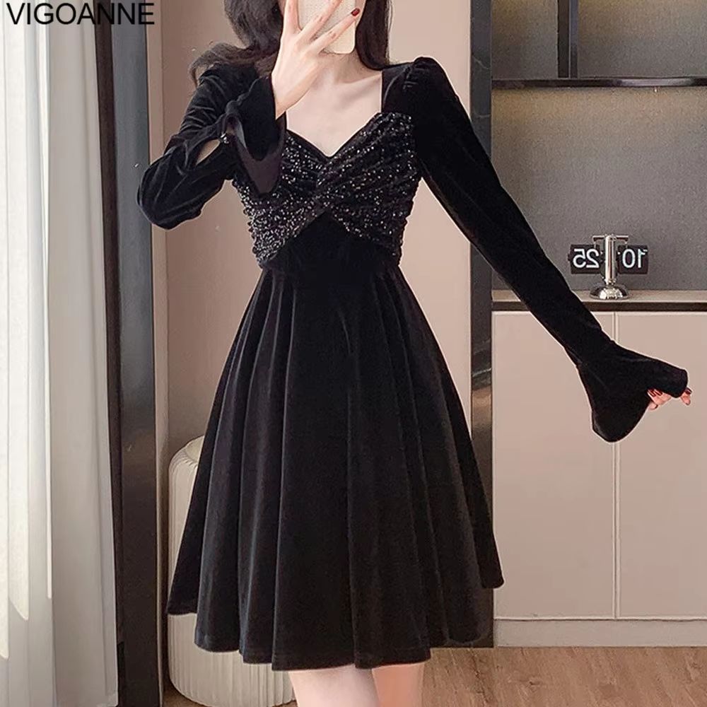 VigoAnne Patchwork Velvet Party Dress Crystal Detail Black Velvet Bodycon Dress Korean Style Short Evening Dress
