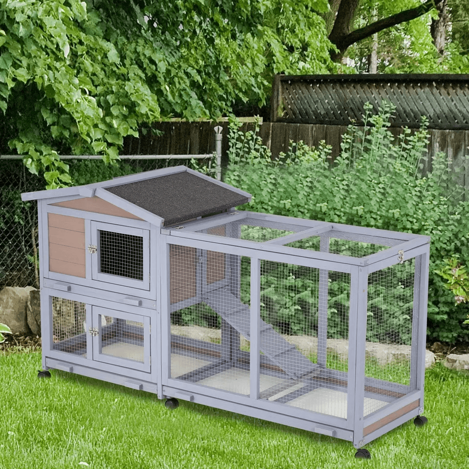 Large Wood Bunny Hutch Rabbit Cage on Wheels, Indoor Outdoor Rolling Pet House for Rabbits