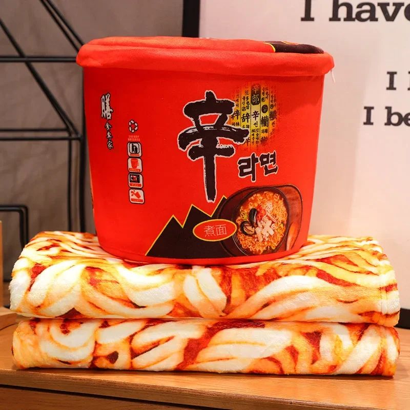 Bucket Instant Noodles Plush Pillow with Hidden Blanket – Ramen Stuffed Cushion Gift