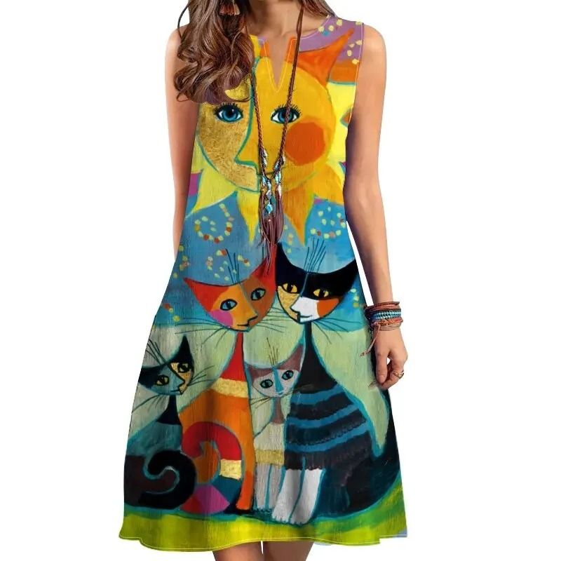 Womens V Neck Sleeveless Printed Maxi Dress Summer Fashion