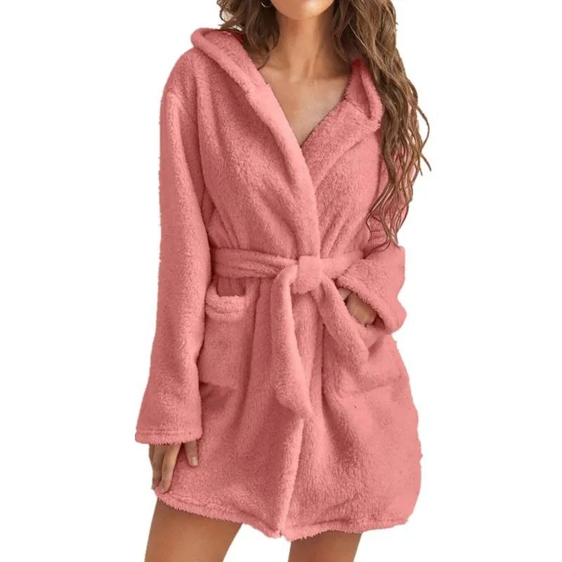 Winter Fluffy Plush Hooded Dressing Gown Warm Bathrobe for Women