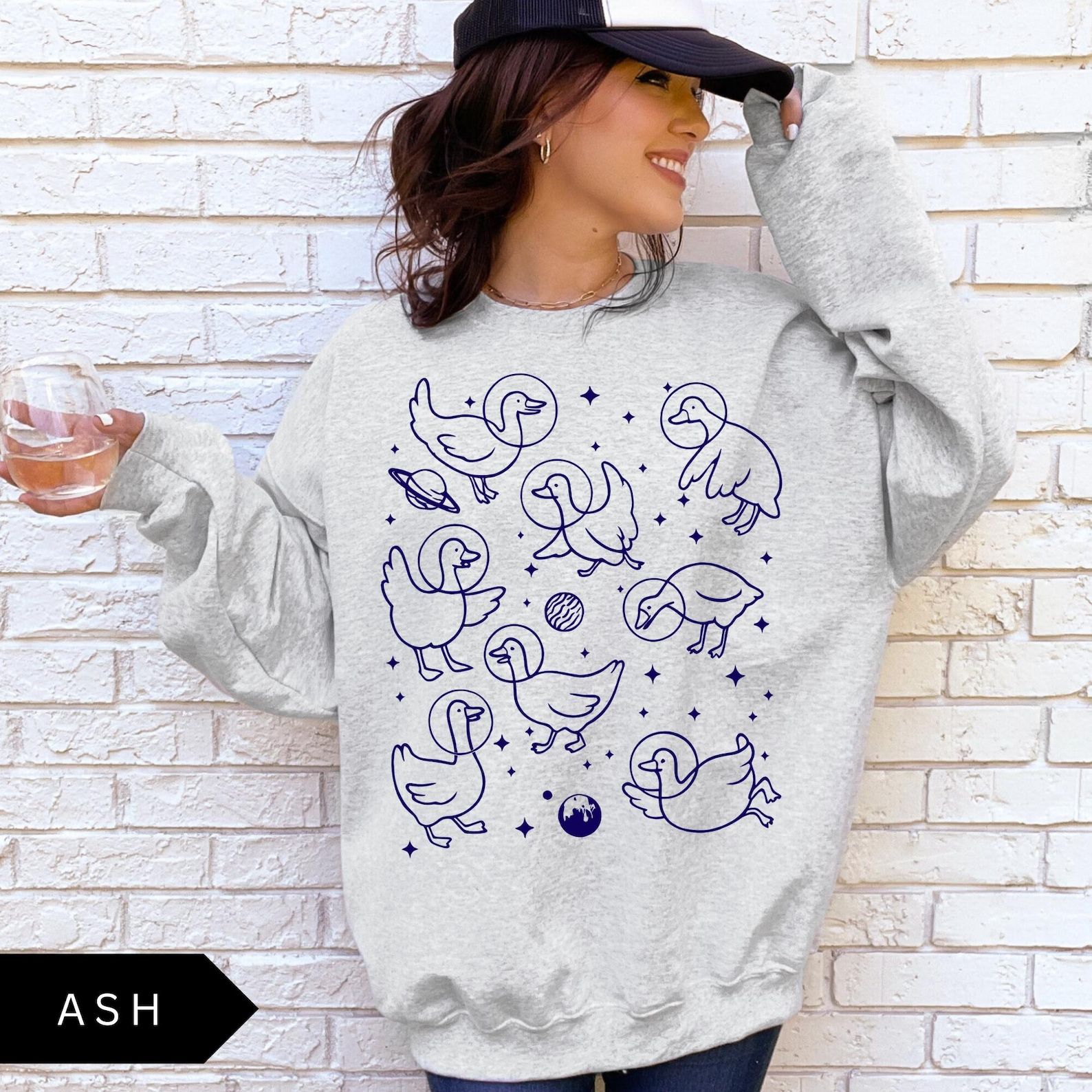 Geese in Space Sweatshirt, Funny Goose Shirt, Graphic Retro Goose Lover Gift, Goose Crewneck