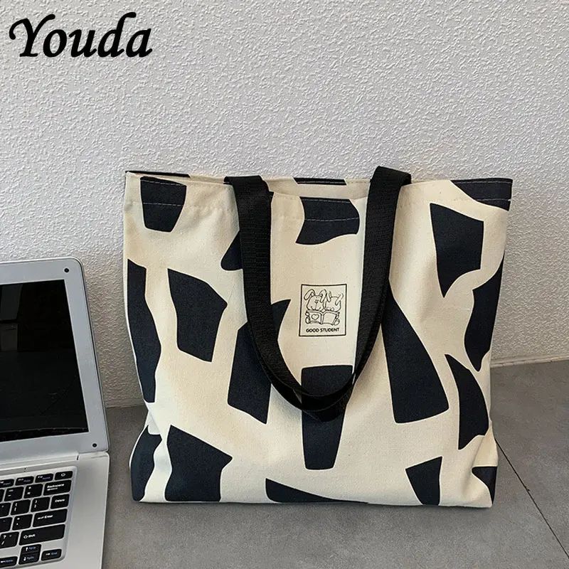 Foldable Canvas Tote Bag for Women Reusable Zipper Shopping Shoulder Bagb
