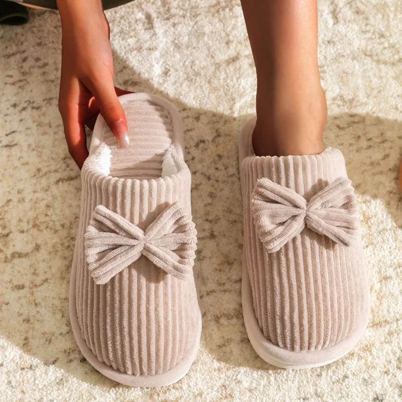 Fashion Womens Bow Slippers Warm Indoor Winter House Shoes