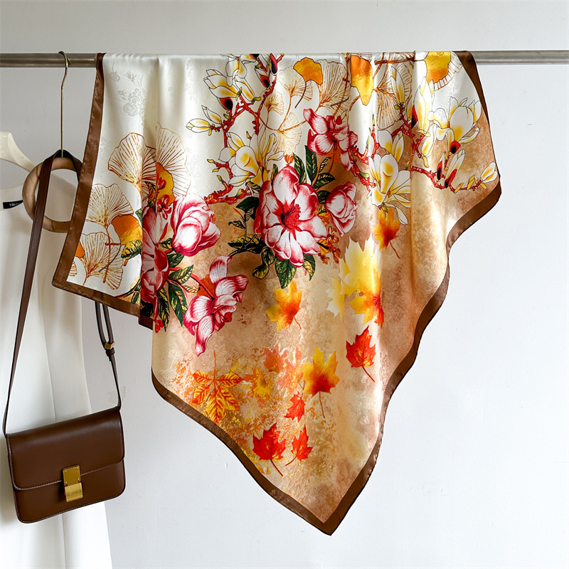 Elegant Twill Silk Feeling Shawls and Wraps, Luxury Hair Scarves, Tree Print Bandana Hijab Pashmina