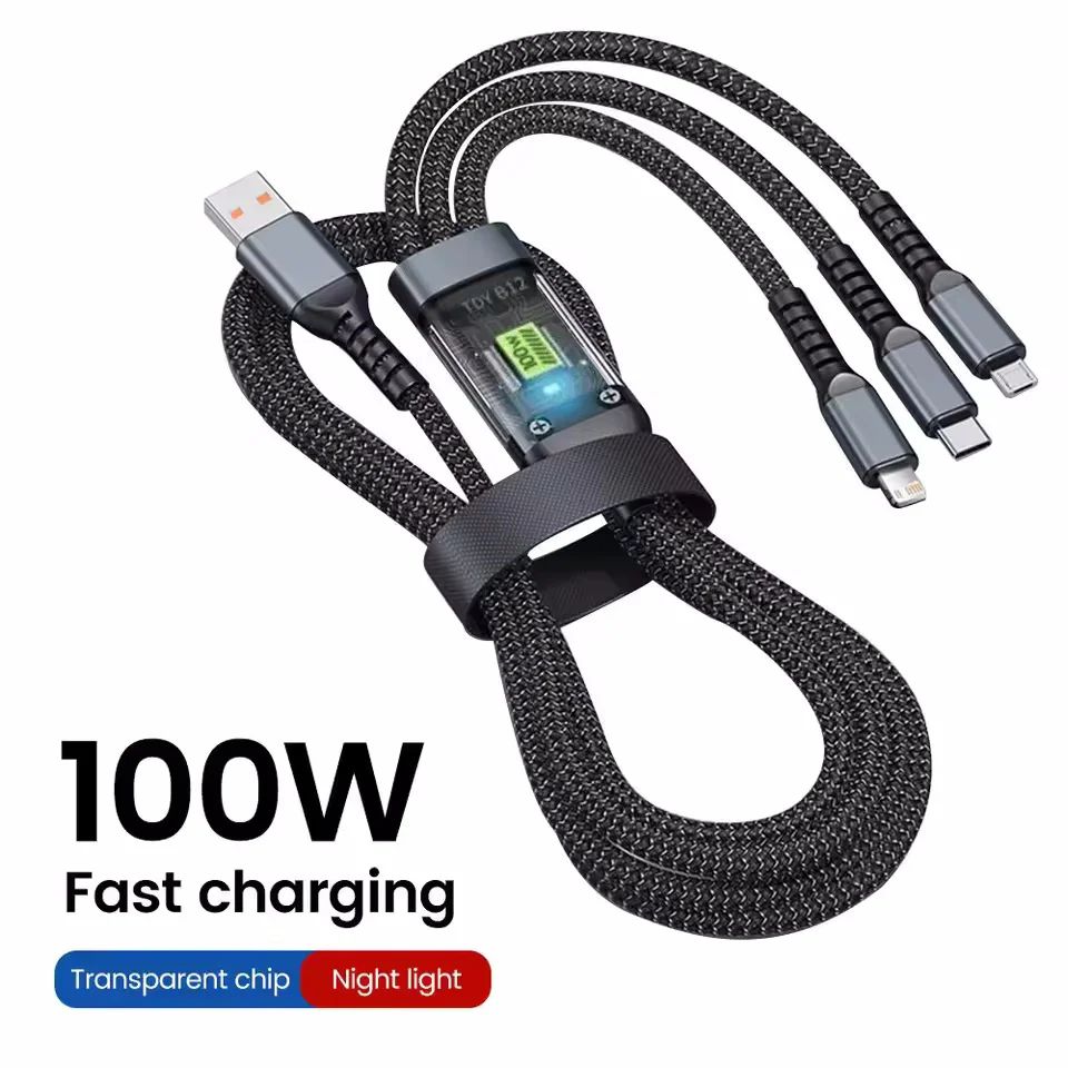 100W Transparent 3-in-1 Super Fast Charging Cable with LED Indicator – Type-C, Micro USB & Lightning