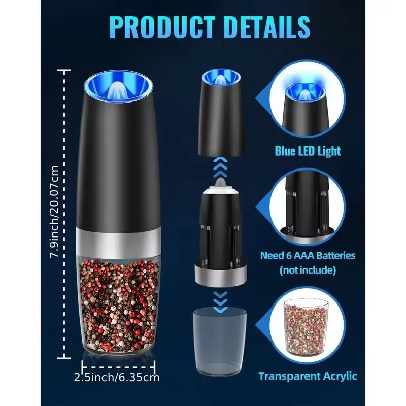 Gravity Electric Salt and Pepper Mill with Automatic Tilt Grind and Adjustable Coarseness