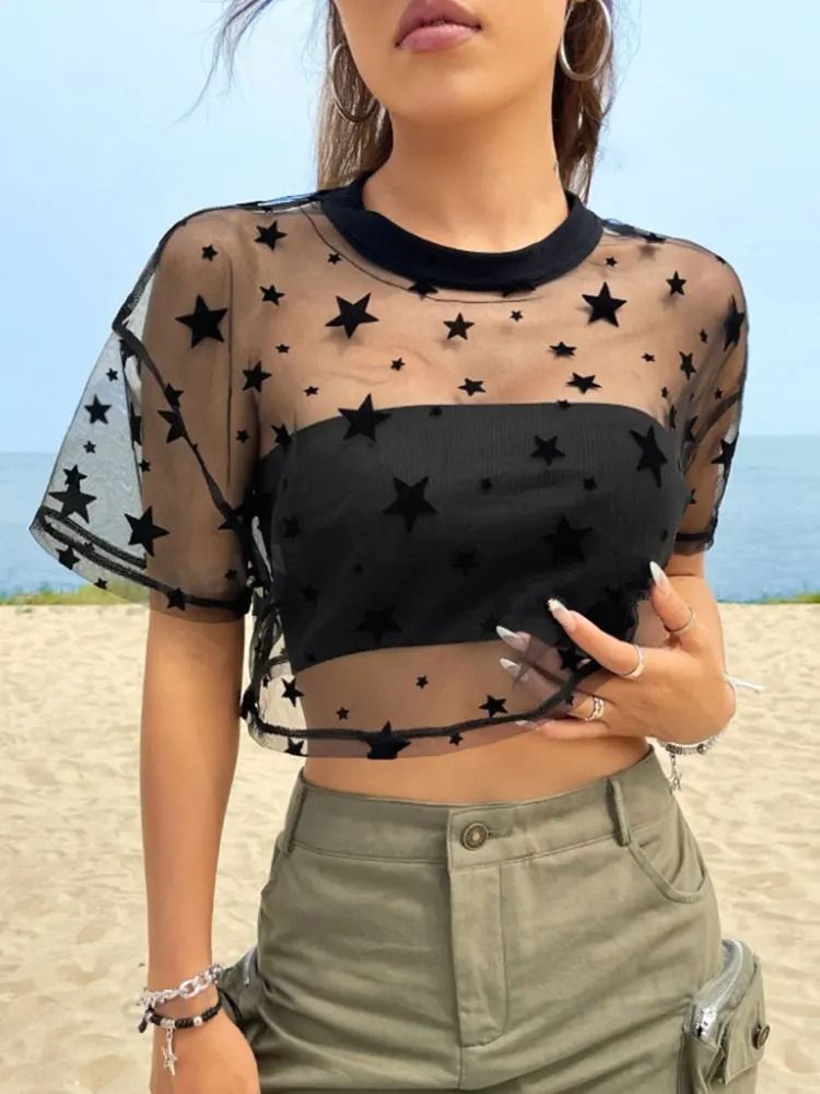 Star Print Drop Shoulder Crop Mesh Top Summer Outfits Without Camisole