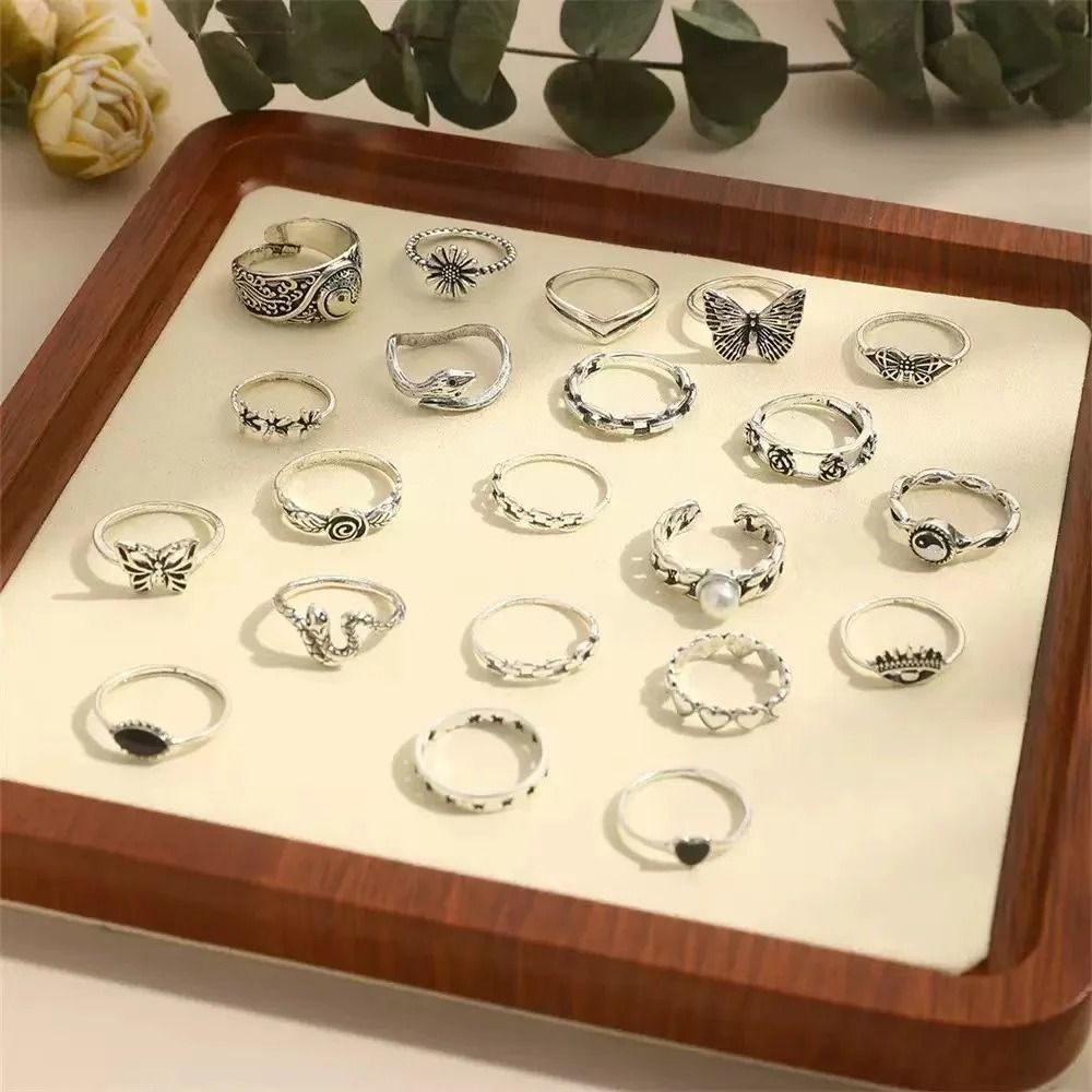 Punk Style Multi Element Ring Set with Butterfly Heart and Tai Chi Designs