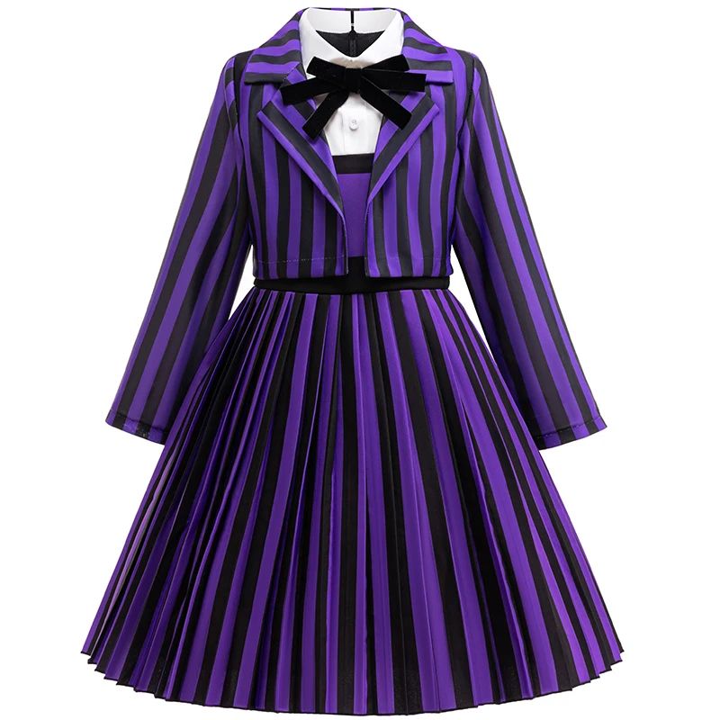 Wednesday Enid Sinclair Girls 2-Pcs Cosplay Dress – Kids Striped Party & Halloween Costume Outfit
