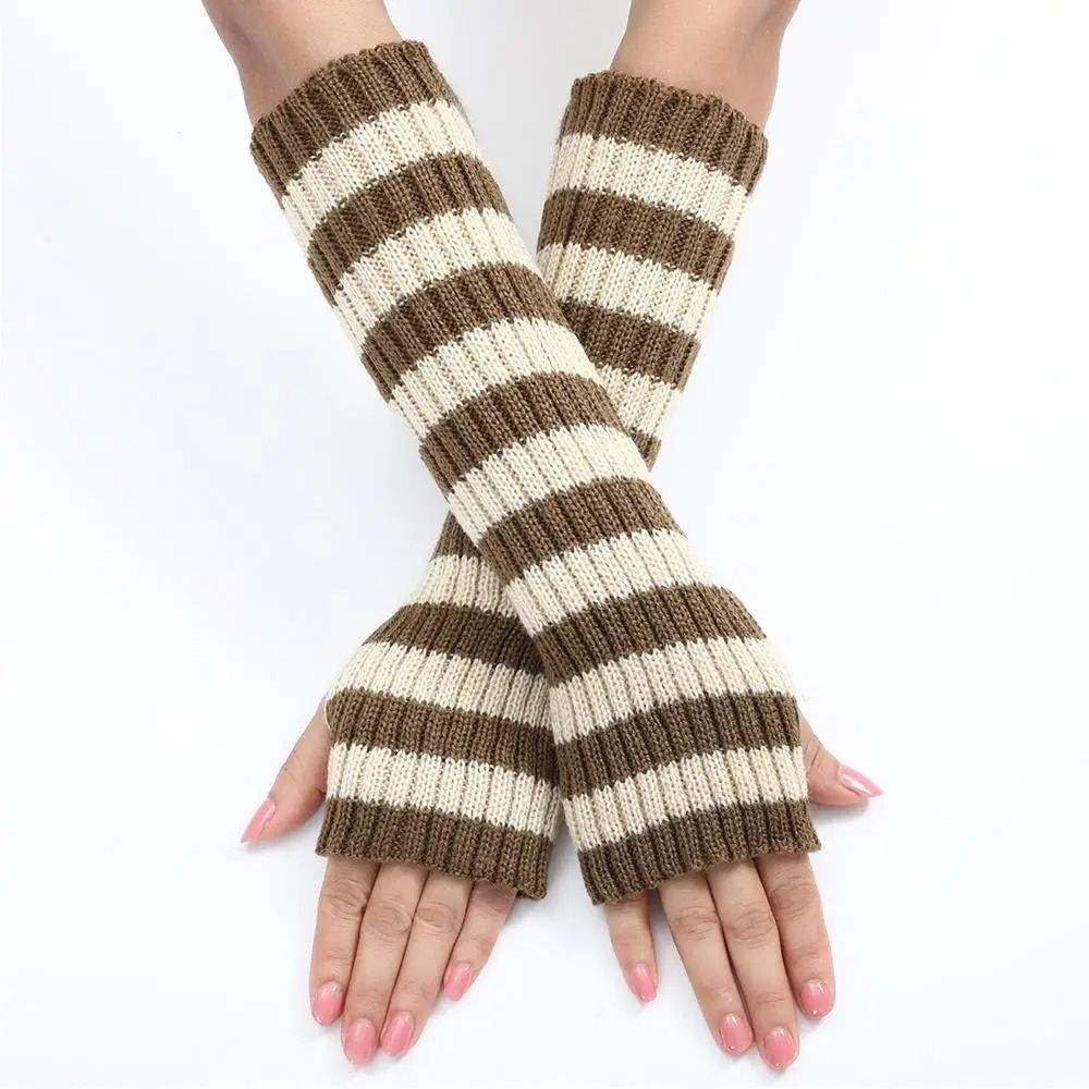 Gothic Striped Fingerless Arm Warmers - Harajuku Y2K Knit Sleeves