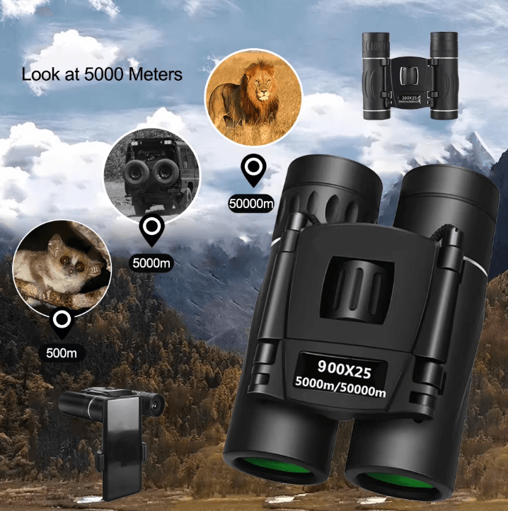 900x25 HD Zoom Binoculars Portable BAK4 Prism Binoculars Folding Long Range Outdoor Telescope for Camping Hunting Travel