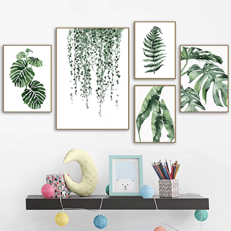 Nordic Green Botanical Canvas Wall Art – Monstera & Tropical Leaf Prints Decor