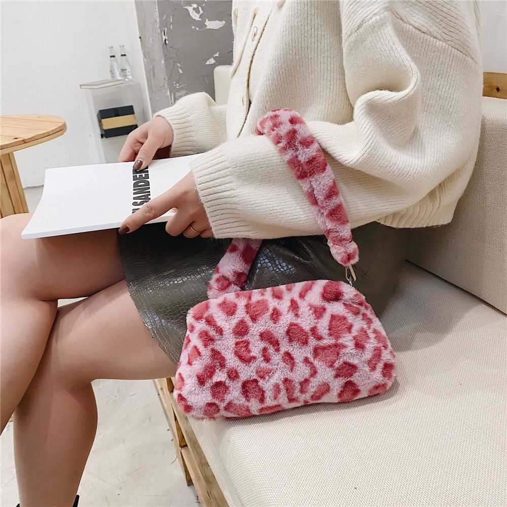 Autumn Winter Women's Shoulder Bag, Animal Print Leopard Plush, Messenger Crossbody Underarm Bag