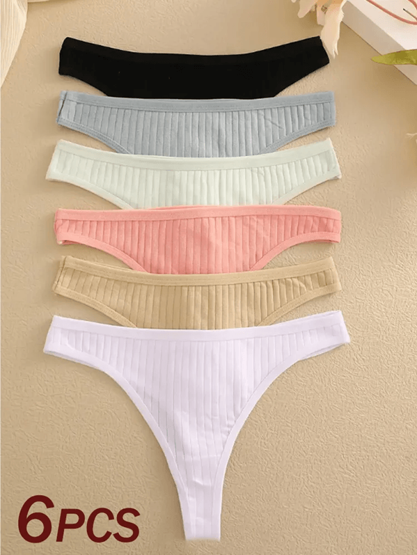 6 Pack Womens Cotton Thongs – Ribbed Low Rise G String Bikini Underwear Set