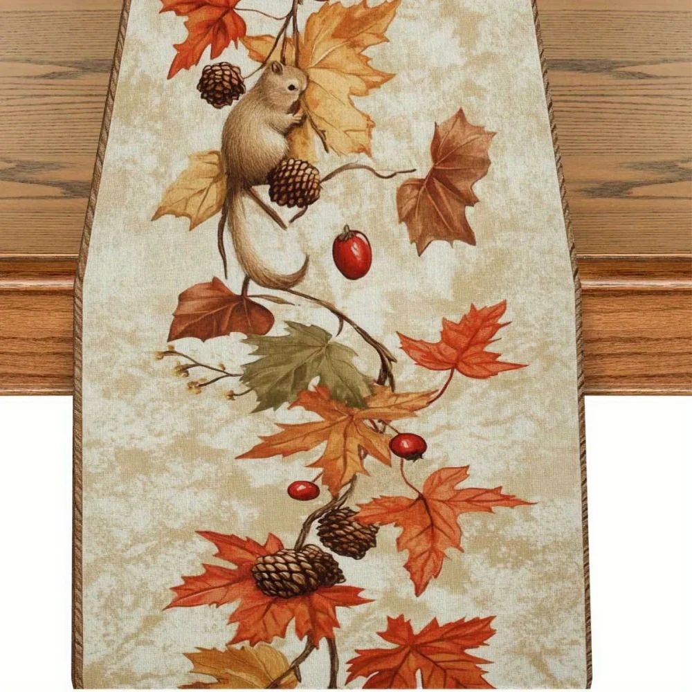Autumn Squirrel Maple Leaf Table Runner