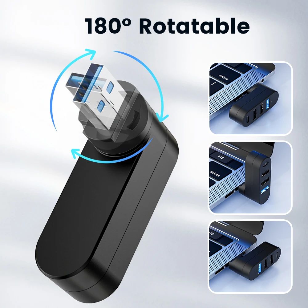 FlexiPort Rotatable USB 3.0 Hub – 4-Port Type-C & USB Splitter for Laptop and MacBook