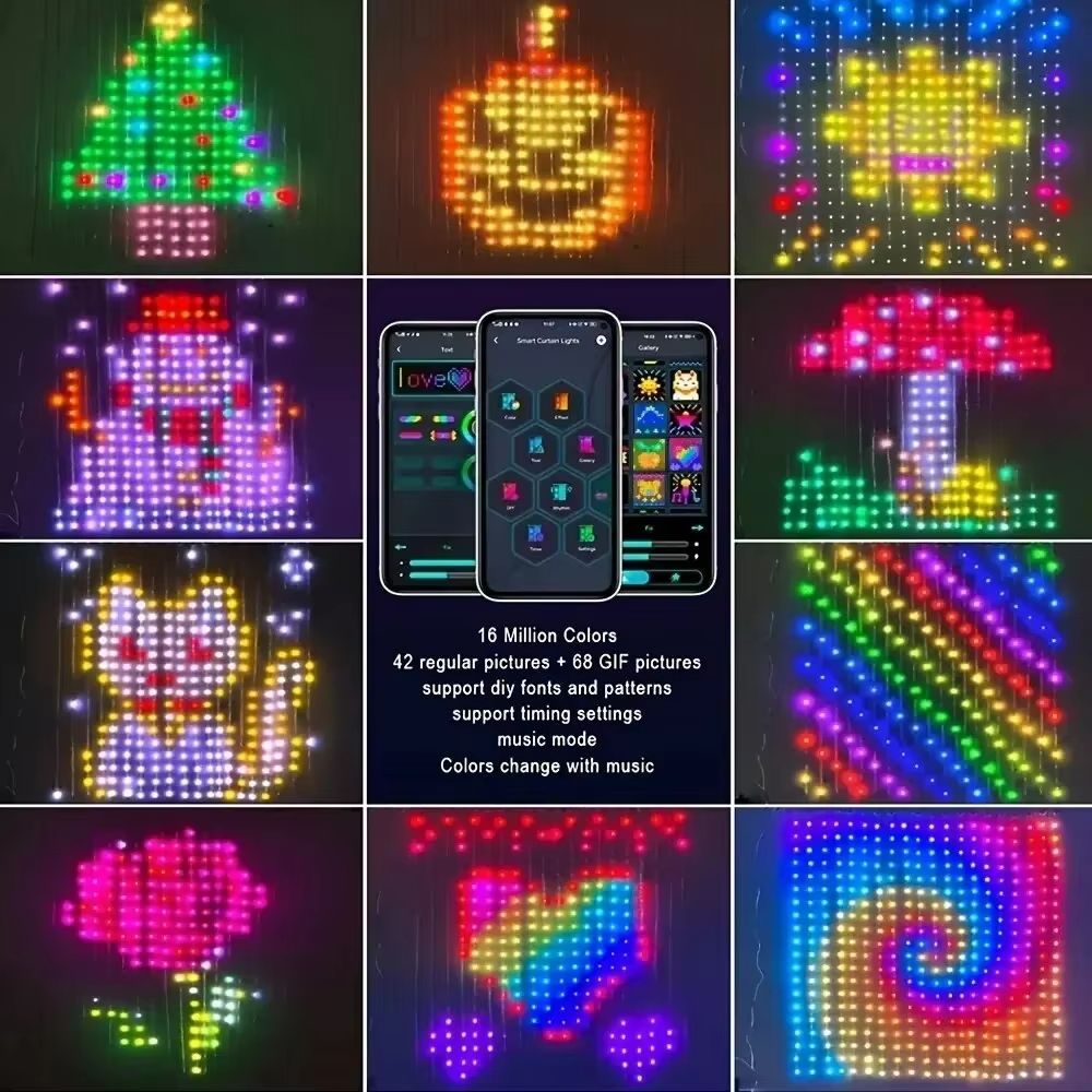VividGlow Smart Curtain Lights – Music Sync RGB DIY Pattern LED Ambiance