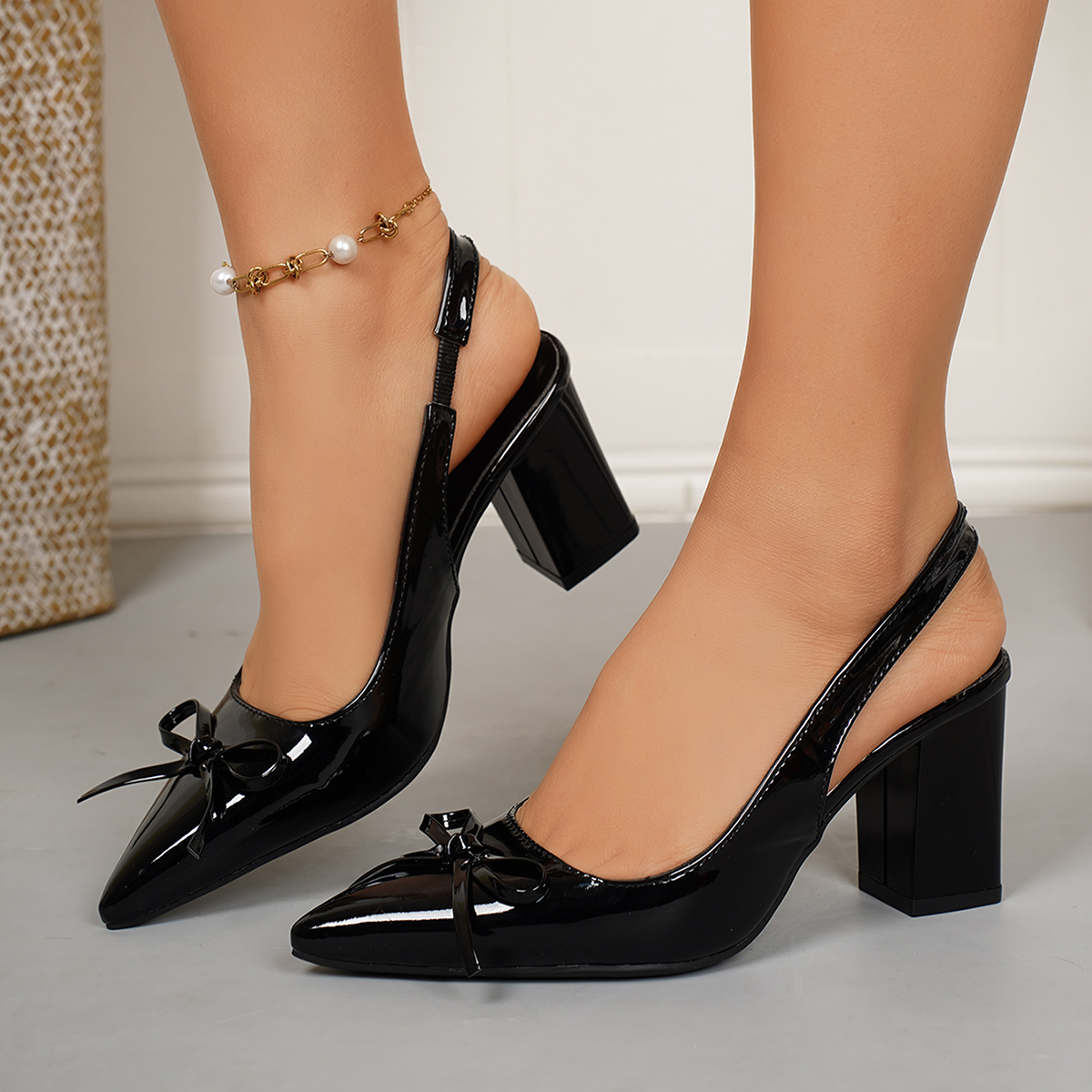 Luxury Block Heel Baotou Sandals with Pointed Toe, Bow Slip Strap, Shallow Mouth, Wear-Resistant High Heels, Anti-Slip