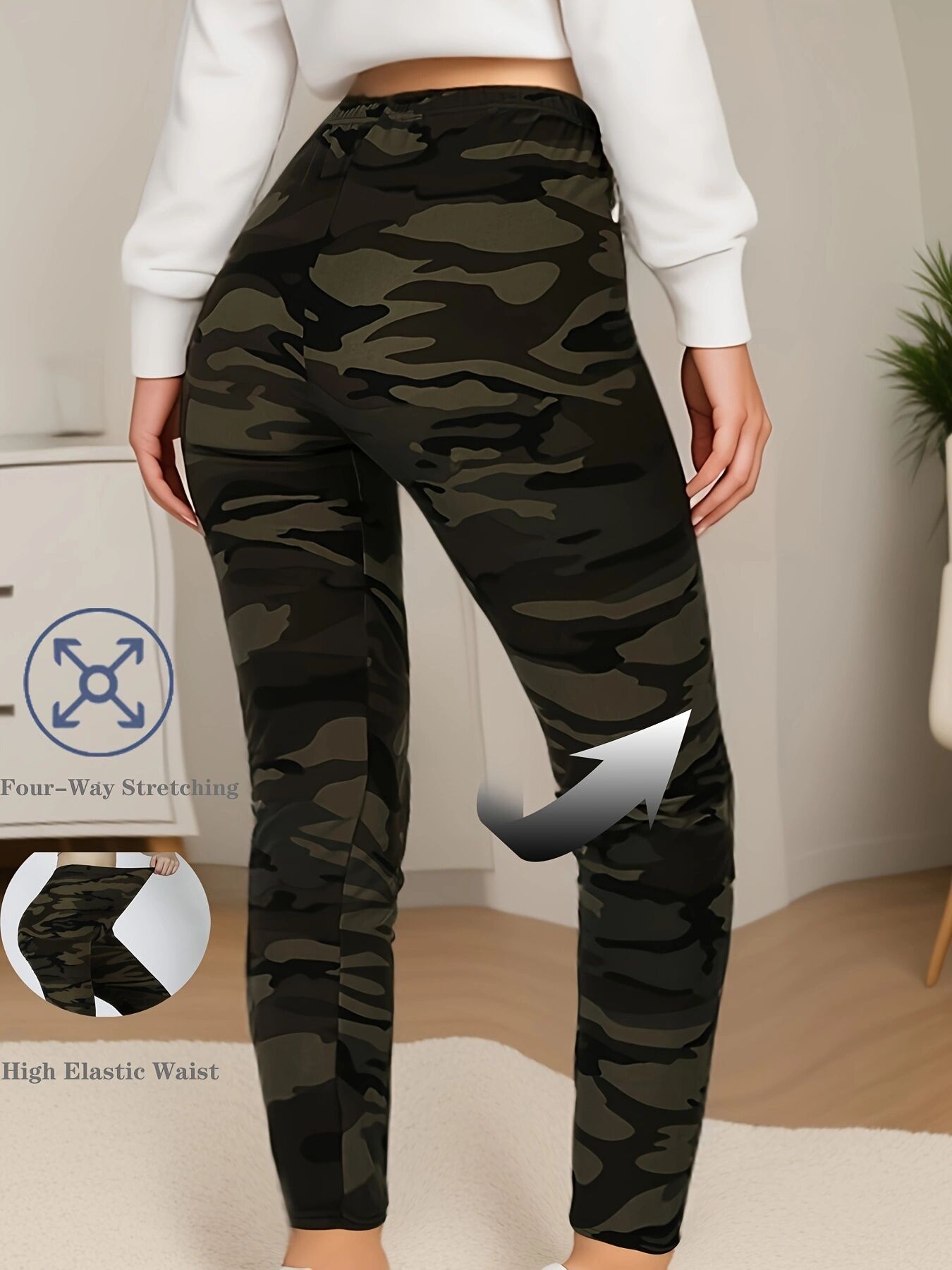 Super Elastic Leggings for Women, Plus Size, Military Green Camouflage, Soft Sports Outerwear, Cropped Tight Pants