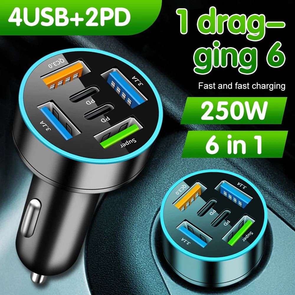 Car Charger Adapter 6 Port Fast Charging PD and QC3.0 with Digital Display