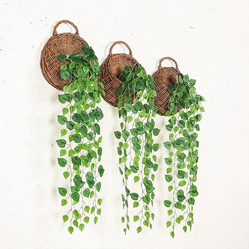 Artificial Hanging Plant with Rattan Basket Fake Ivy Vine Home Decor