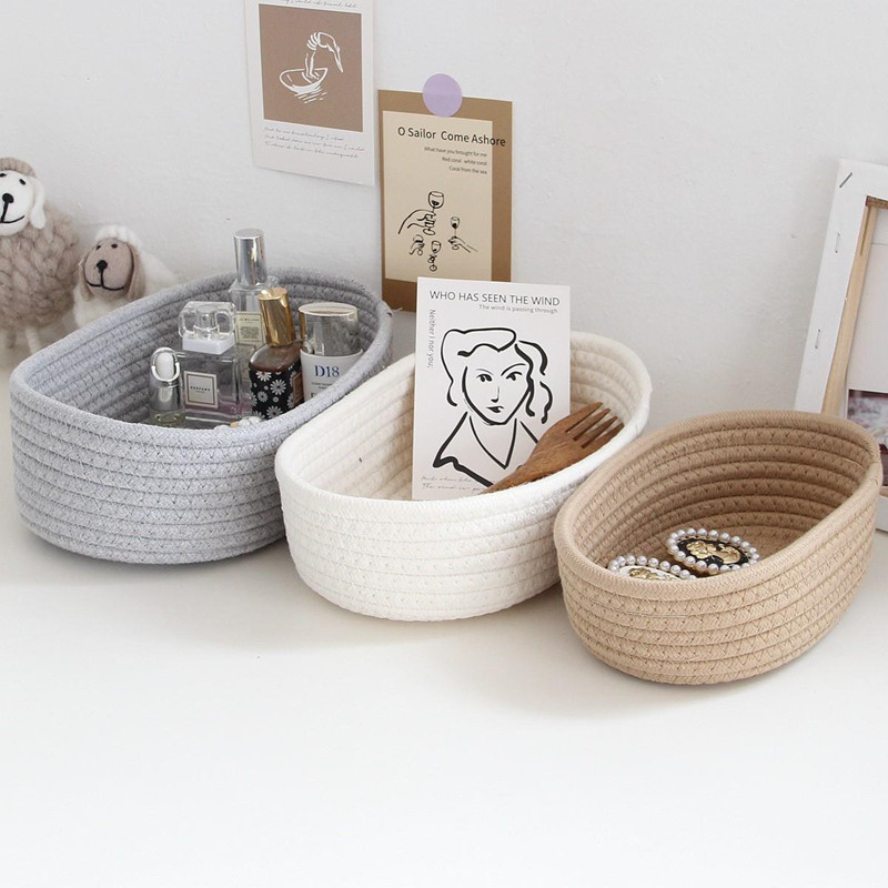 Nordic Cotton Rope Woven Storage Basket for Desktop Organization, Ideal for Sundries, Keys, and Cosmetics Storage