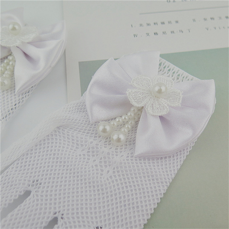 1 Pair Girls Kids White Lace Wedding Gloves with Faux Pearl Bowknot, Fishnet Flower Girl Communion Ceremony Party