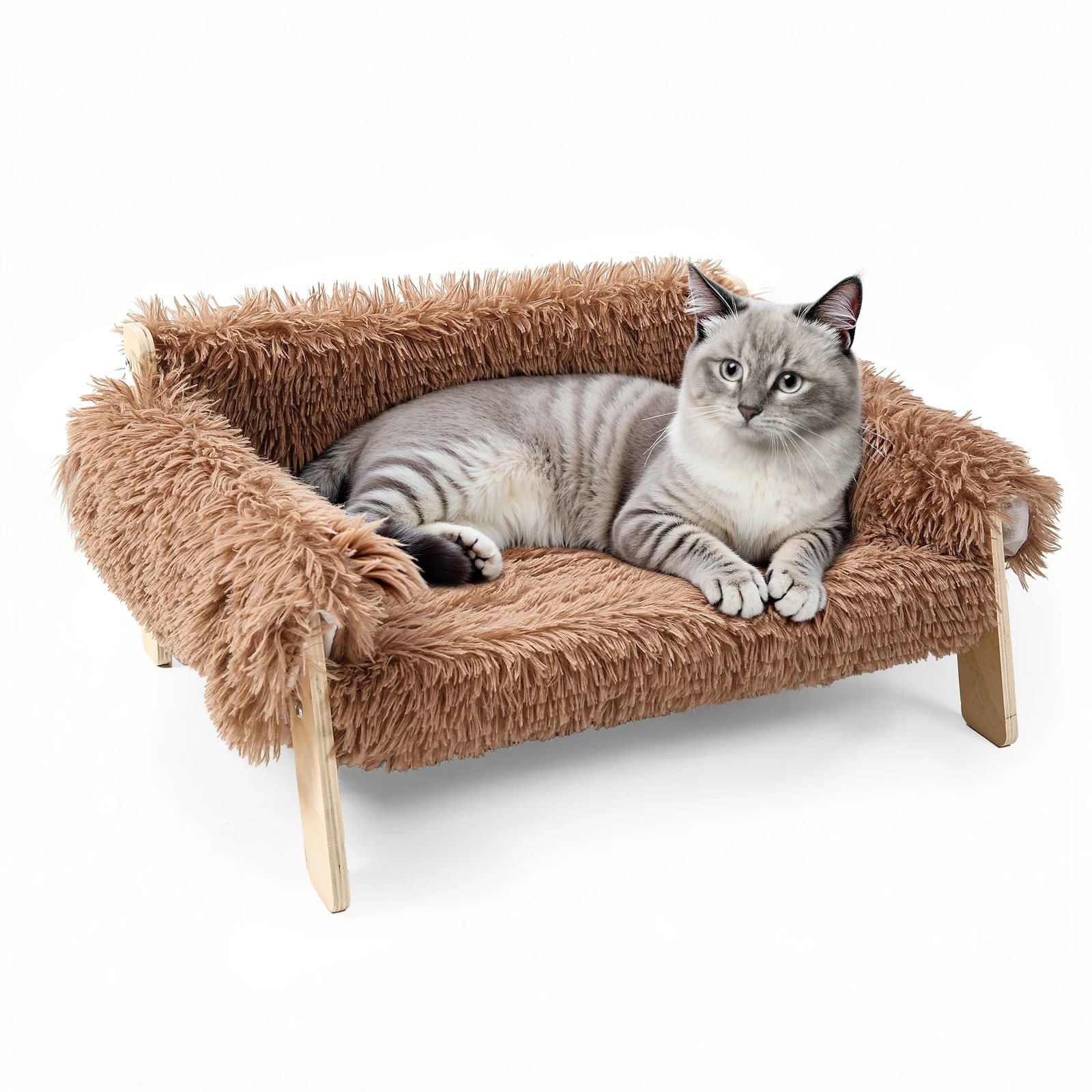 Large Raised Cat Bed Plush Sofa with Wooden Legs Soft Indoor Cat Couch